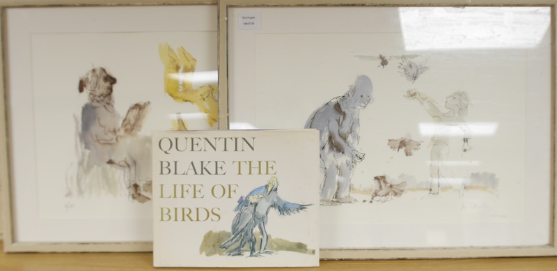 Quentin Blake (b.1932), two pencil signed colour prints, to include Figures and Birds, each limited edition of 100 and blind stamped, each 34 x 49cm, together with The Life of Birds, hardback book by Quentin Blake. Condi